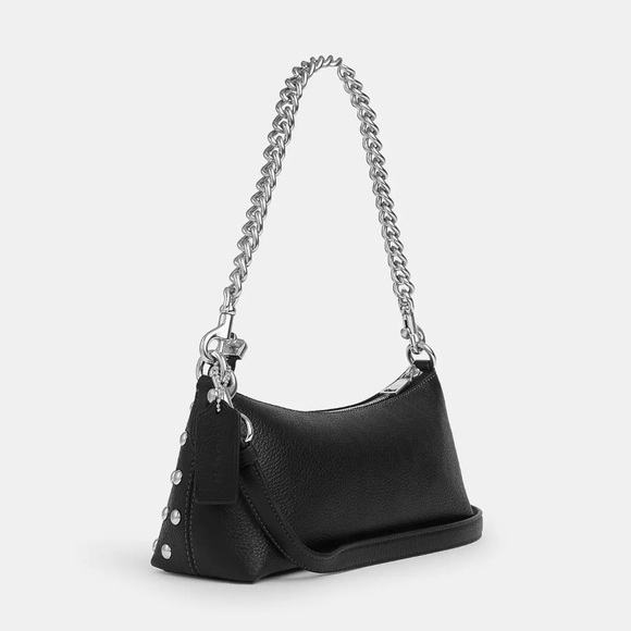 NWT COACH Charlotte Leather Shoulder Bag With Rivets Silver/Black Crossbody - Picture 2 of 9